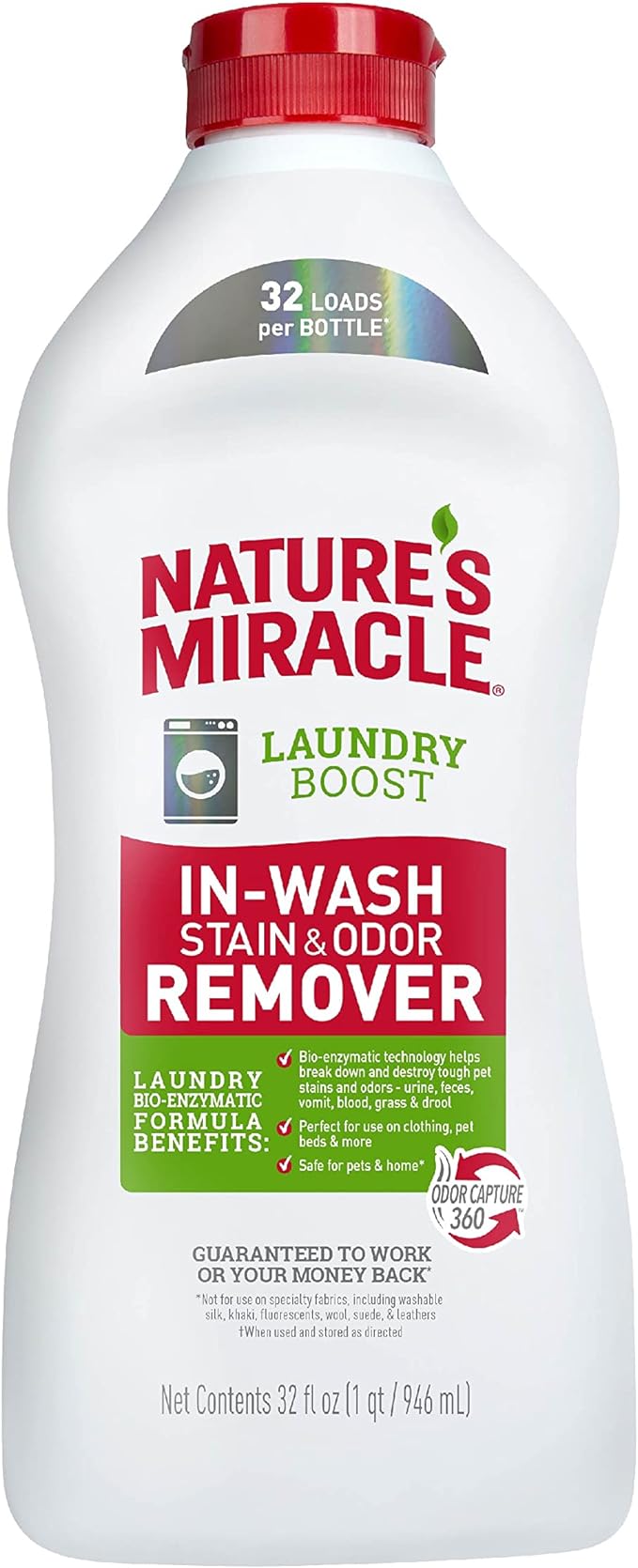 Nature's Miracle Laundry Boost In-Wash Stain & Odor Remover, 32 Oz, Stain and Odor Removing Additive For All Washing Machines & Advanced Stain and Odor Eliminator Dog for Severe Dog Messes 32 Fl Oz