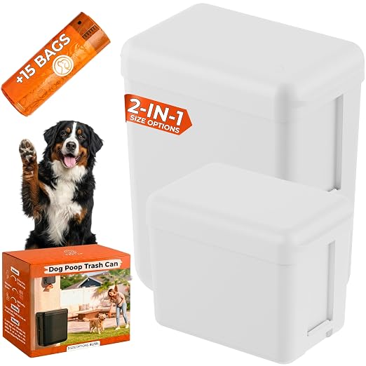 PEXTER Outdoor Dog Poop Trash Can Outside - Wall Mounted Dog Waste Bin & Garbage Can, 2-in-1 Converts 13L to 8L (3.5/2.1 Gal), Pet Waste Container for Dogs - Includes 15 Heavy Duty Bags (White)