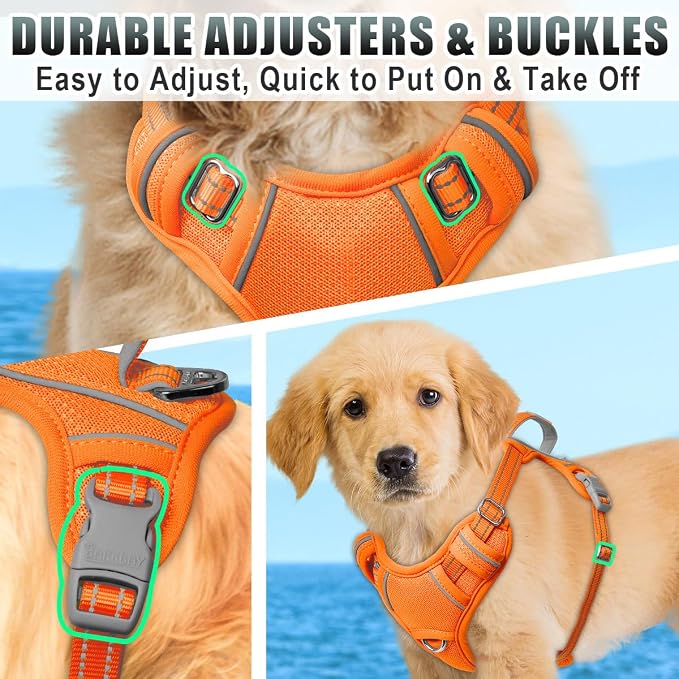 BARKBAY No Pull Dog Harness Large Reflective Dog Harness with Front Clip and Easy Control Handle for Walking Training Running with ID tag Pocket(Orange,S)