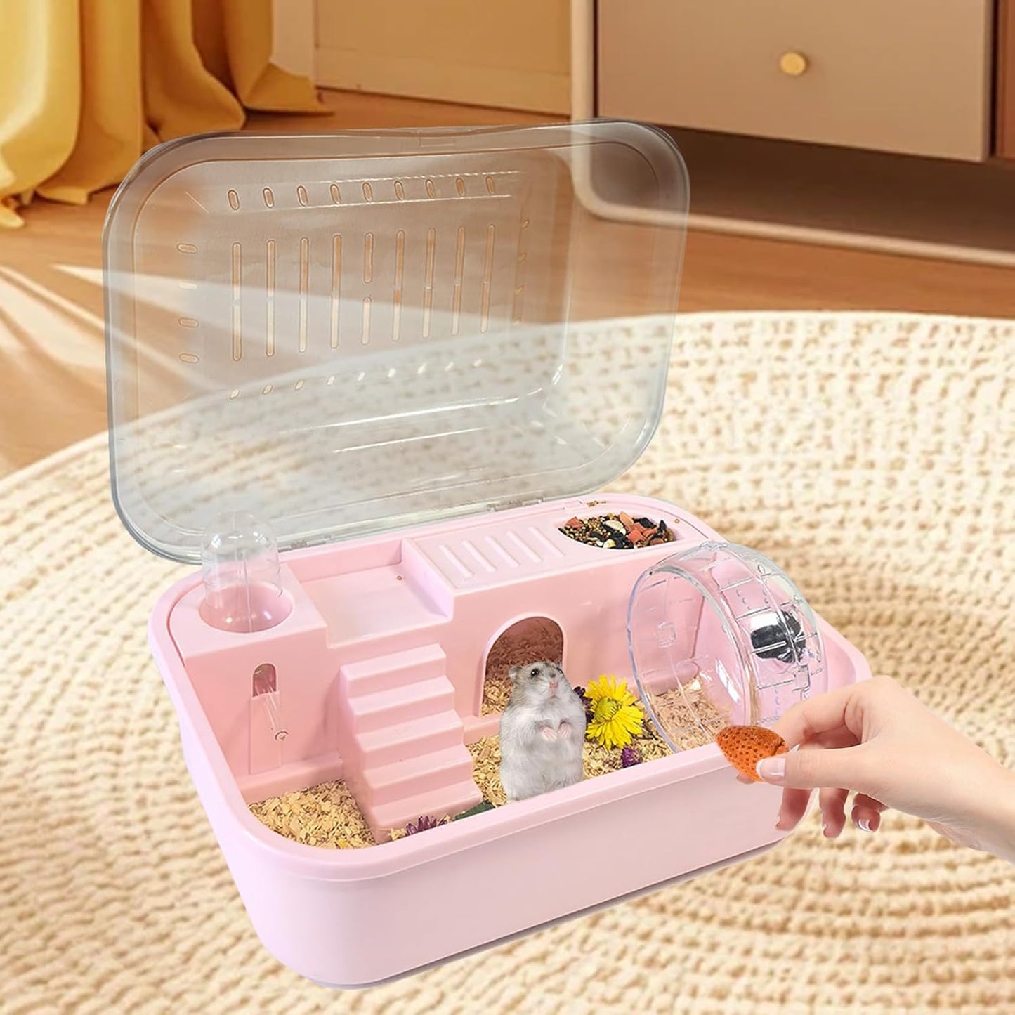 Hamiledyi Small Hamster Cage Clear Plastic Hamster Cage Portable Carrier with Water Bottle Exercise Wheel Bathtub Box Set Toy for Dwarf Baby Hamster (Pink)