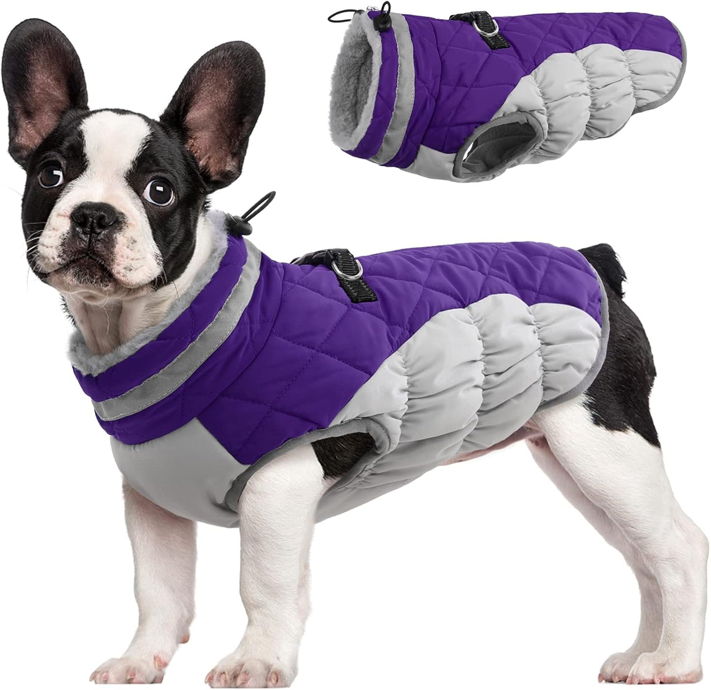 FUAMEY Dog Coat for Small Dogs,Waterproof Dog Winter Jacket with Harness Built in Puppy Cold Weather Coats Reflective Pet Vest with Zipper Warm Fleece Dogs Snowsuit Windproof Purple XS