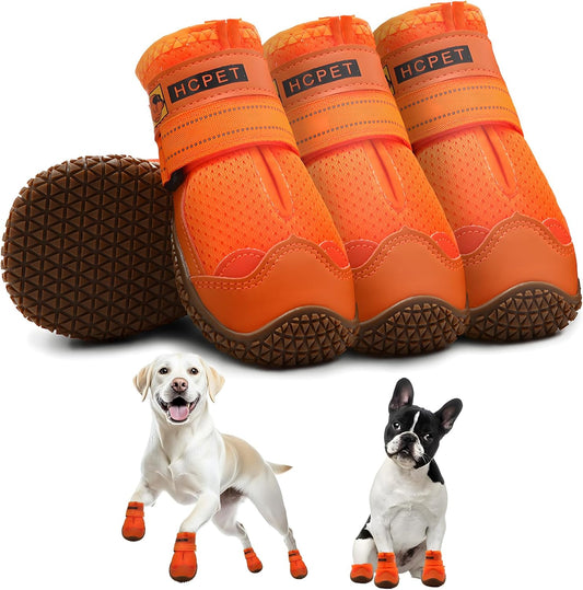 Hcpet Dog Shoes for Large Dogs, Breathable Dog Booties for Small Medium Dogs, Anti-Slip Dog Boots & Paw Protectors for Hot Pavement Winter Snow Hiking with Reflective Straps Orange Size 3