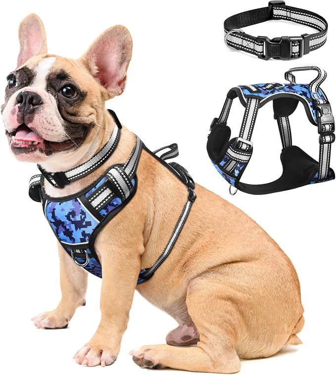 Dog Harness No Pull, Pet Harnesses with Dog Collar, Adjustable Reflective Oxford Outdoor Vest, Front/Back Leash Clips for Small, Medium, Large, Extra Large Dogs, Easy Control Handle for Walking