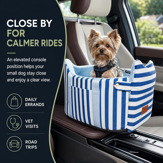 Console Dog Car Seat for Small Dogs to 15lbs (Blue& White Stripes) | Center Console Puppy Booster and Portable Travel Bed, Anti-Collapse Design with Washable Fluffy Cushion