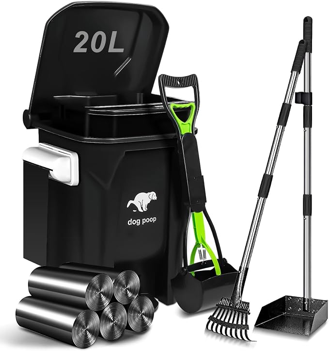 Dog Poop Trash Can Outside - 20L/5Gal Dog Poop Scooper Set, Black | Outdoor Trash Can with Lid and Removable Inner Bin,Dog Waste Trash Can with 100 Bags & Storage Box and Metal Rake & Tray
