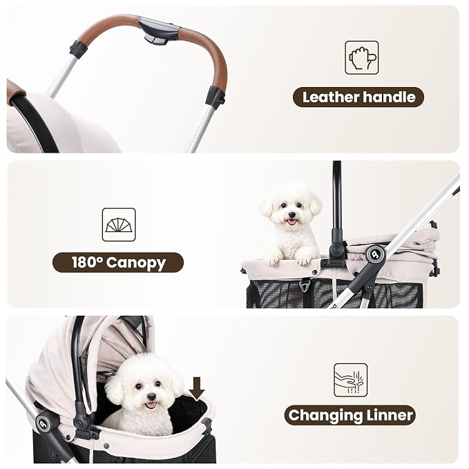 T3 Pro Small Dog Stroller (Beige & Net Wall) | Detachable Carrier, 3-in-1 Stroller, Lightweight, Breathable Mesh Fabric, One-Button Braking, Easy to fold