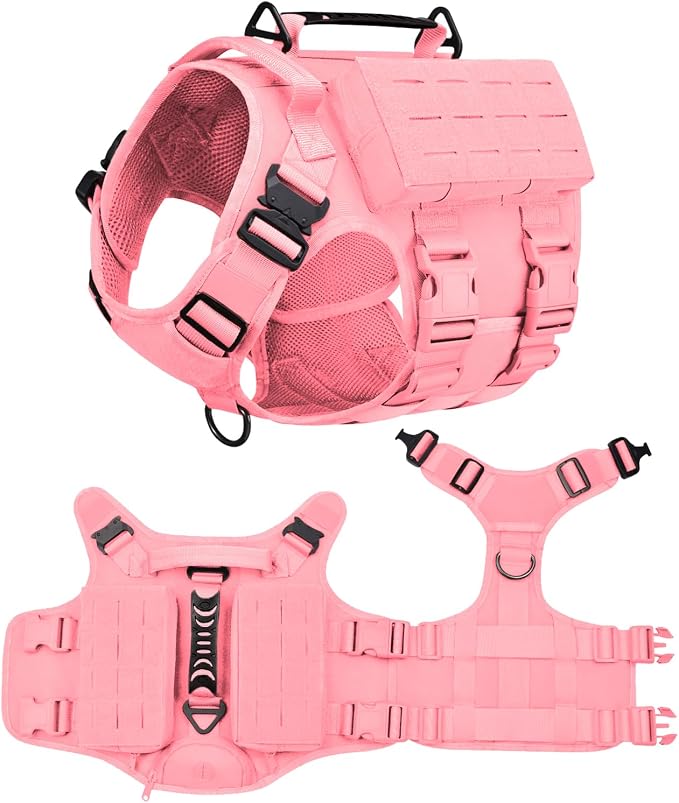 AIWAI Tactical Dog Harness with Handle for Large Dogs,2X Metal Buckle, Dog MOLLE Vest with Pockets,No Pull Adjustable Pet Harness, Easy Control Dog Vest Harness for Working Training (Pink, XL)