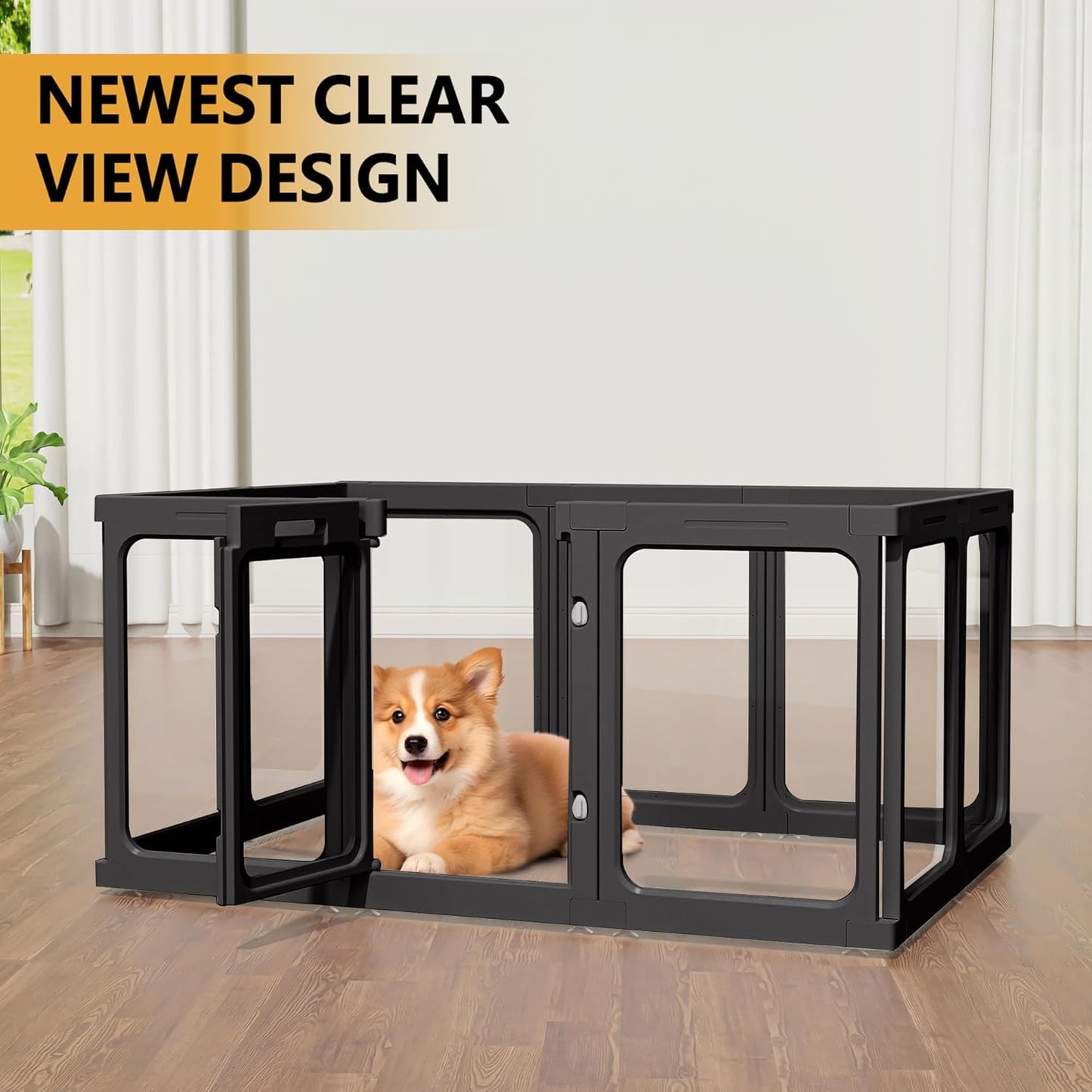 Clear Acrylic Dog Playpen with Door, for Puppy Cat Rabbit Transparent Pet Pen, Black Dog Playpen Indoor, Dog Fence, Easy Assemble & Cleaning Dog Pen for Small & Medium Dogs (23.6“ Height, 10PCS)