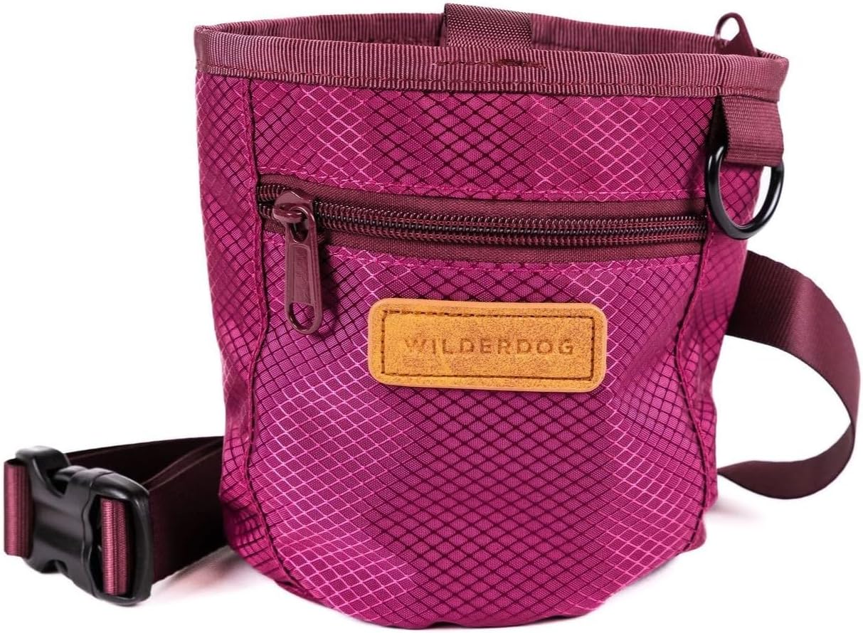 Wilderdog Dog Training Treat Pouch with Magnetic and Zipper Closure, Carabiner Attached, Adjustable Waist Strap - Magenta