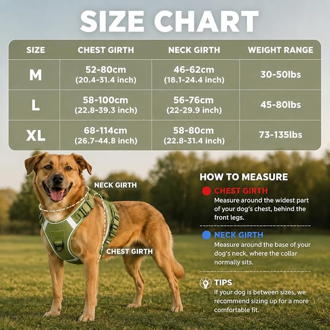 Tactical Dog Harness for Large Dogs, Heavy Duty No Pull Dog Harness with Handle,Adjustable Reflective Service Dog Vest for Walking Hiking Training Army Green L