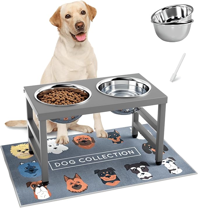 10'' Metal Raised Dog Bowl Stand, Elevated Dog Bowls with 2 Stainless Steel Bowls (1700ml/58oz) & Anti-Spill Mat for Medium/Large Breeds,Gray
