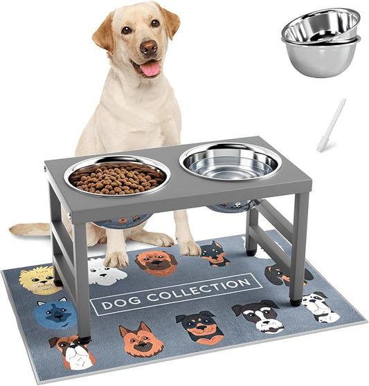 10'' Metal Raised Dog Bowl Stand, Elevated Dog Bowls with 2 Stainless Steel Bowls (1700ml/58oz) & Anti-Spill Mat for Medium/Large Breeds,Gray