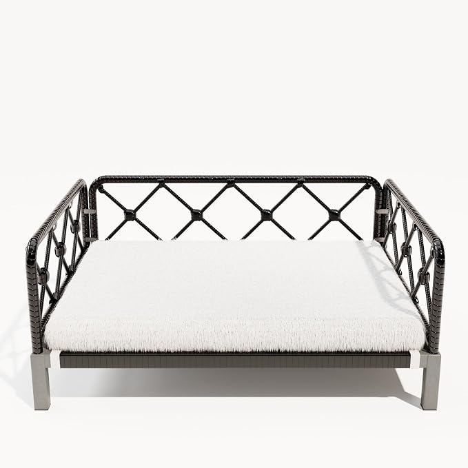 Indoor & Outdoor Dog Bed, Elevated All-Weather Wicker Pet Sofa with Washable Waterproof Cushion, Durable Rattan Dog Couch for Small Dogs, Black Rattan/White Mat