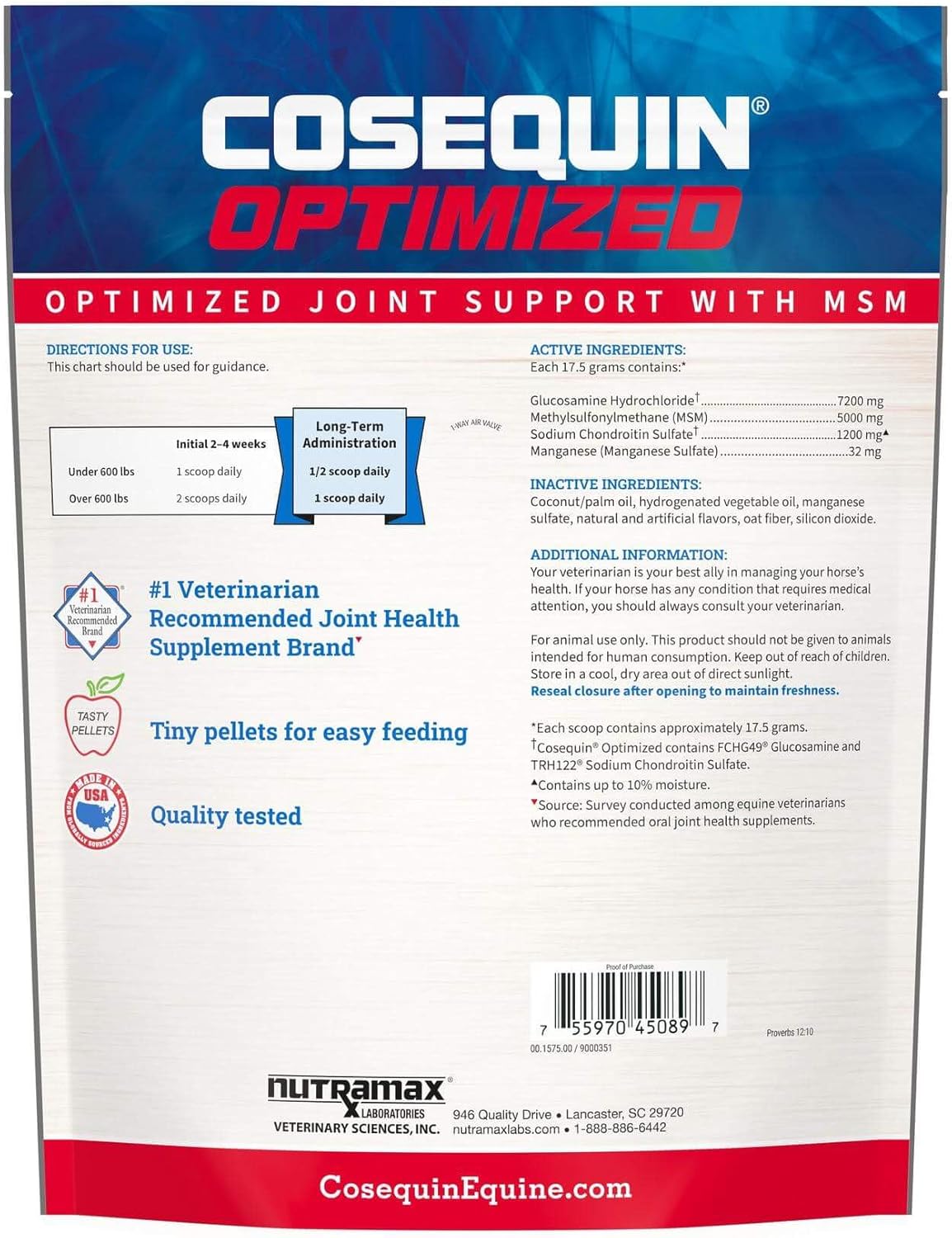 Nutramax Cosequin Optimized Pellets with MSM Joint Health Supplement for Horses - with Glucosamine and Chondroitin, 1400 Grams