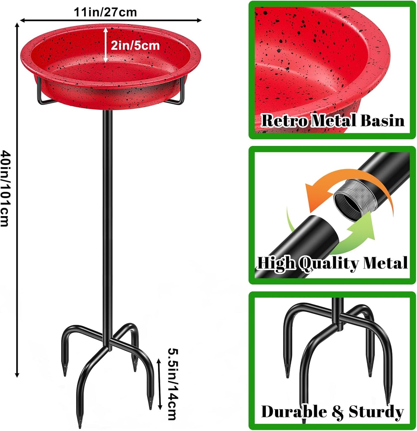 40In Metal Bird Bath for Outside, Freestanding Garden Birdbaths Bowl Bird Feeder, Detachable Decoration Spa Birdfeeder for Outdoor Garden Patio Yard Lawn (Red)