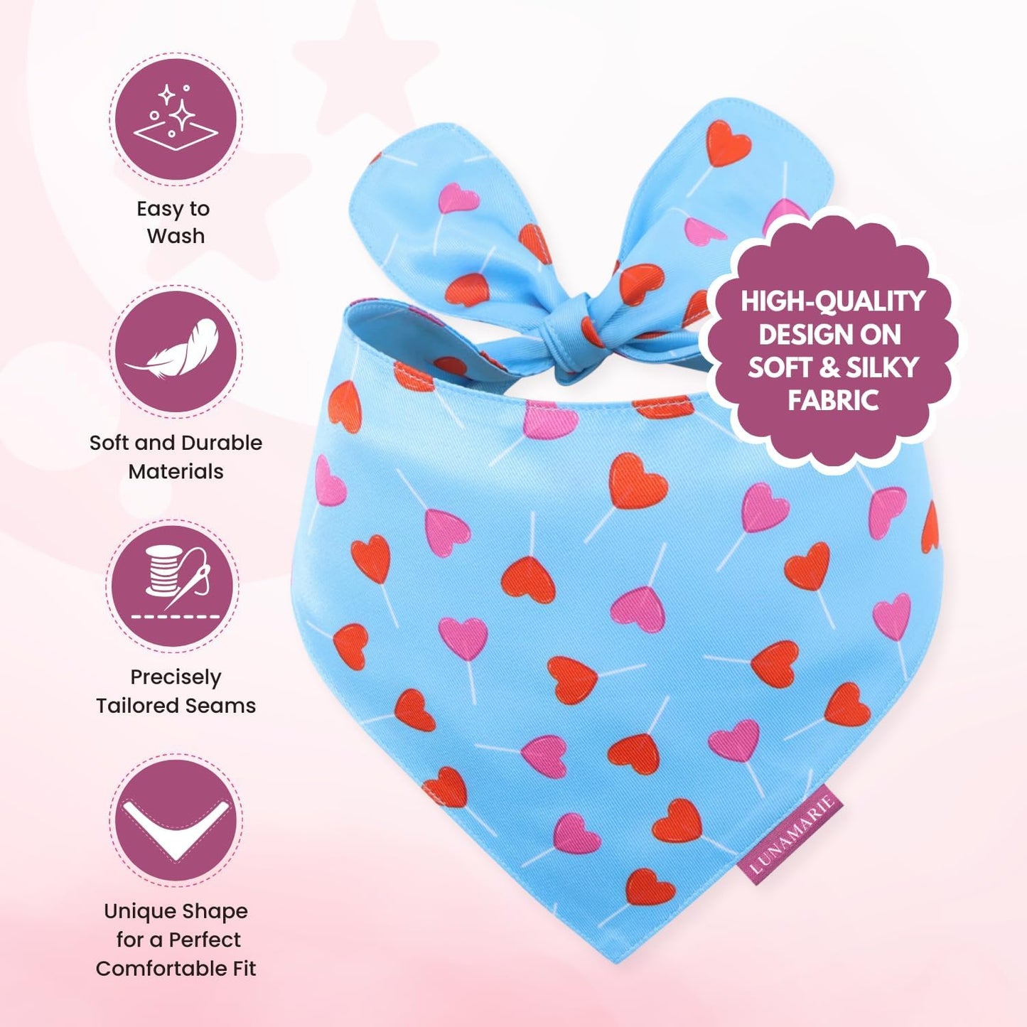 LunaMarie - Luxury Pet Birthday Bandanas -Premium & Silky Poly Fabric | 100% Handmade | Custom Shape Dual Layered (LoviePop, Large)