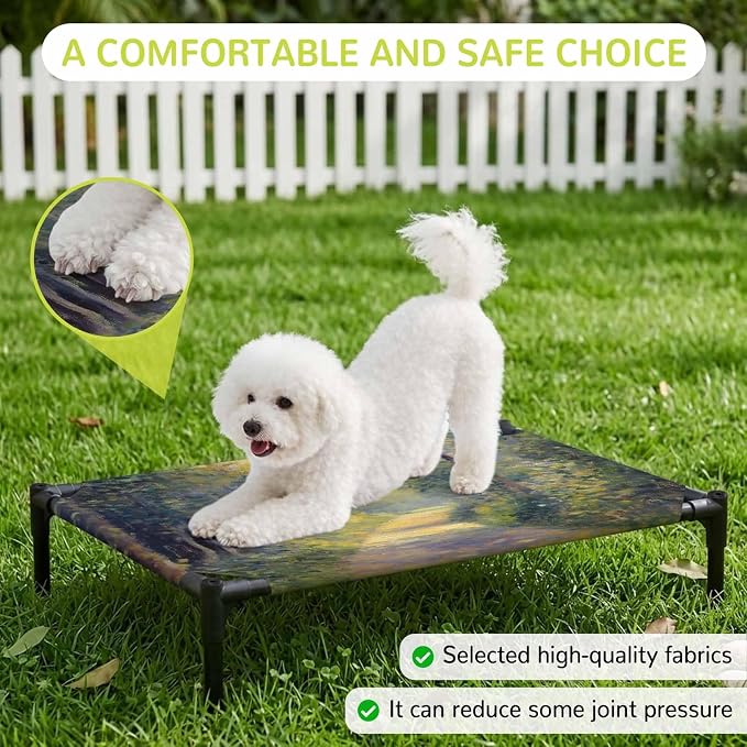 Outdoor Elevated Dog Bed for Large Dogs, Farmhouse Forest Breathable Cooling Raised Dog Cot for Indoor/Outdoor, Pastoral Country Sun Light Trees Waterproof Elevated Pet Beds, L 28 x 22 in