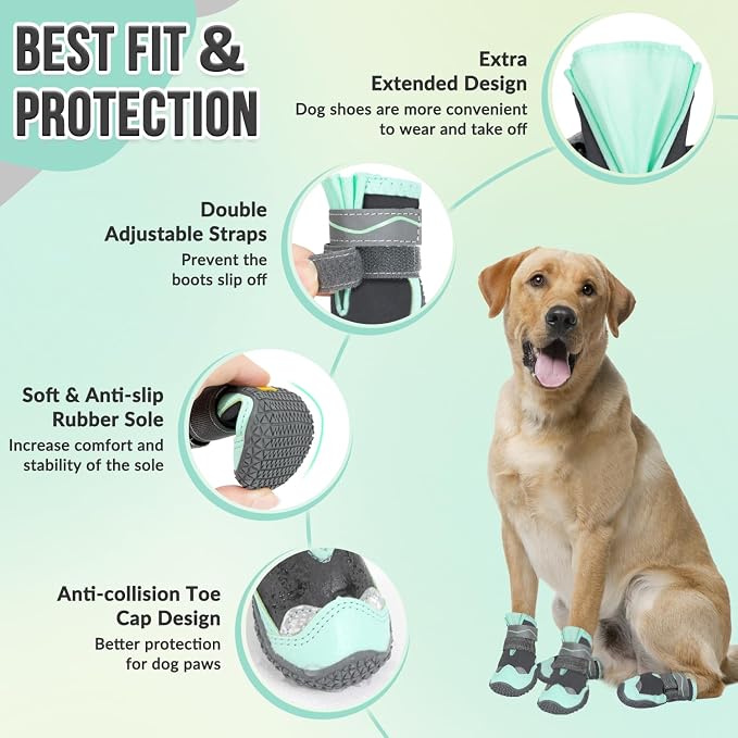 SlowTon Dog Shoes for Large Small Medium Dogs - Waterproof Dog Boots for Summer Hot Pavement, Paw Protector for Outdoor Walking Winter Snow, Anti-Slip Rubber Dog Booties for Hardwood Floor (Green, 0)