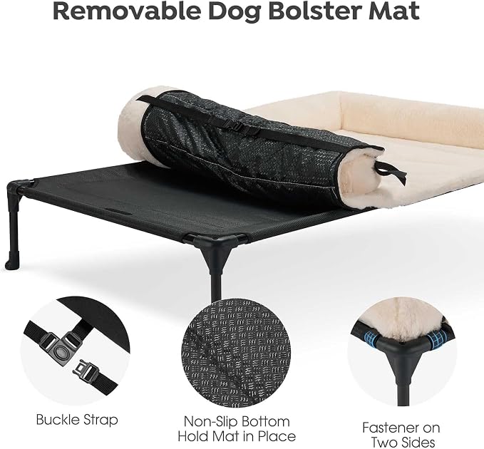 Veehoo Elevated Dog Beds Medium Sized Dog with Fluffy Plush Bolster Cushion | Orthopedic Raised Dog Beds for Indoor Outdoor, Soft Pet Sofa Cot with Removable Washable Mat, No-Slip Feet, 32" x 25", White