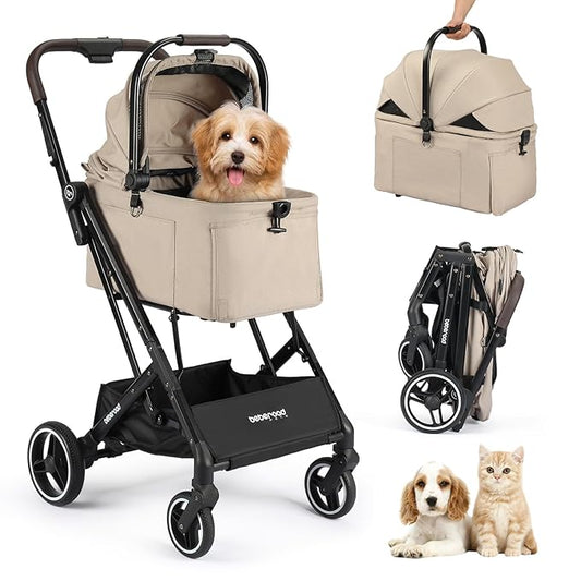 X2 Pet Stroller, Dog Cat Stroller for Small Pets with Detachable Carrier, Lightweight Foldable Cat Carrier Dog Car Seat for Puppy Doggy up to 44lbs, Canopy and Waterproof Pad, Camel