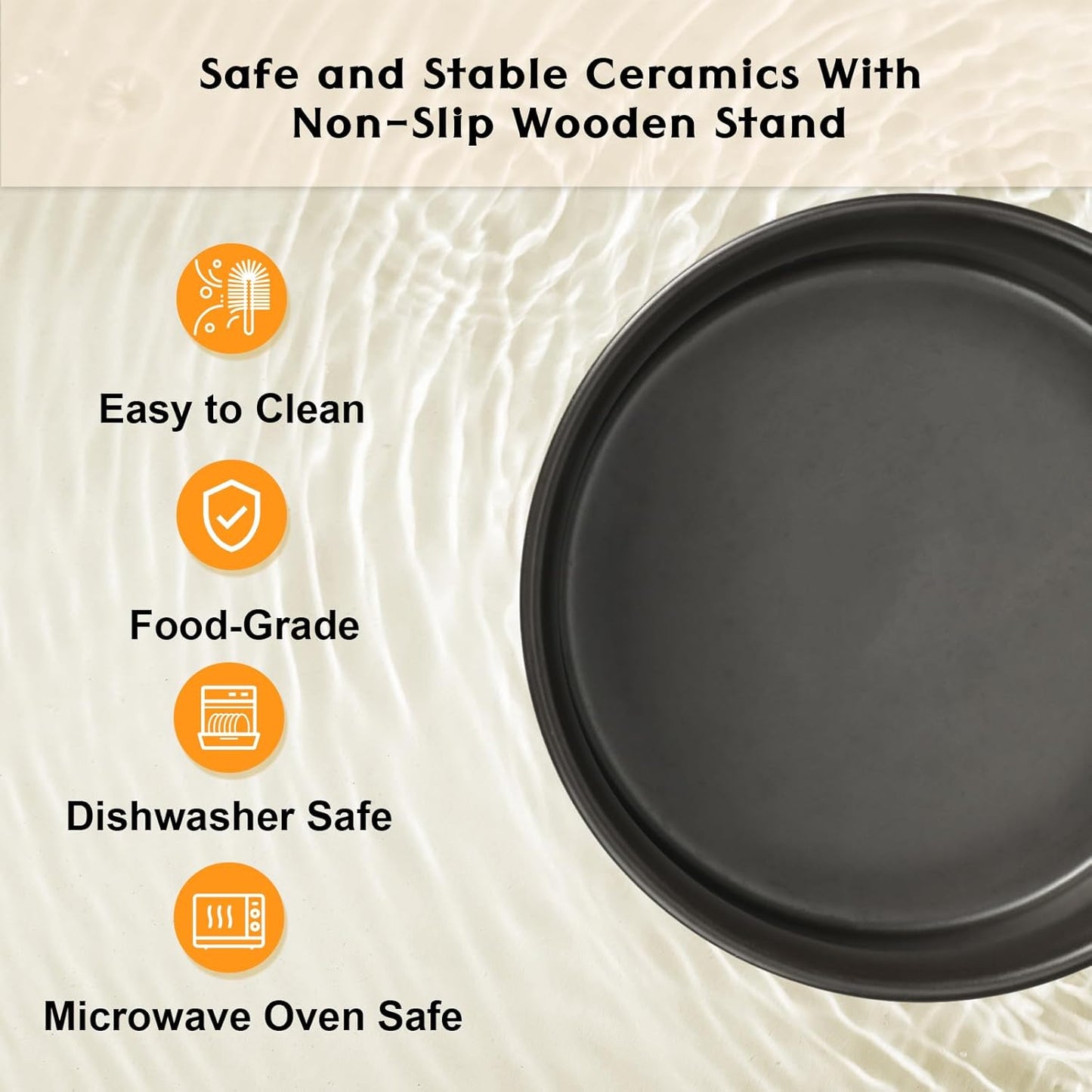 SPUNKYJUNKY Ceramic Elevated Dog Bowls 2 Pack - 5.1inch Raised Dog Bowls with Non-Slip Wooden Stand for Small Dogs Dishwasher Safe(Black,13.5OZ*2)