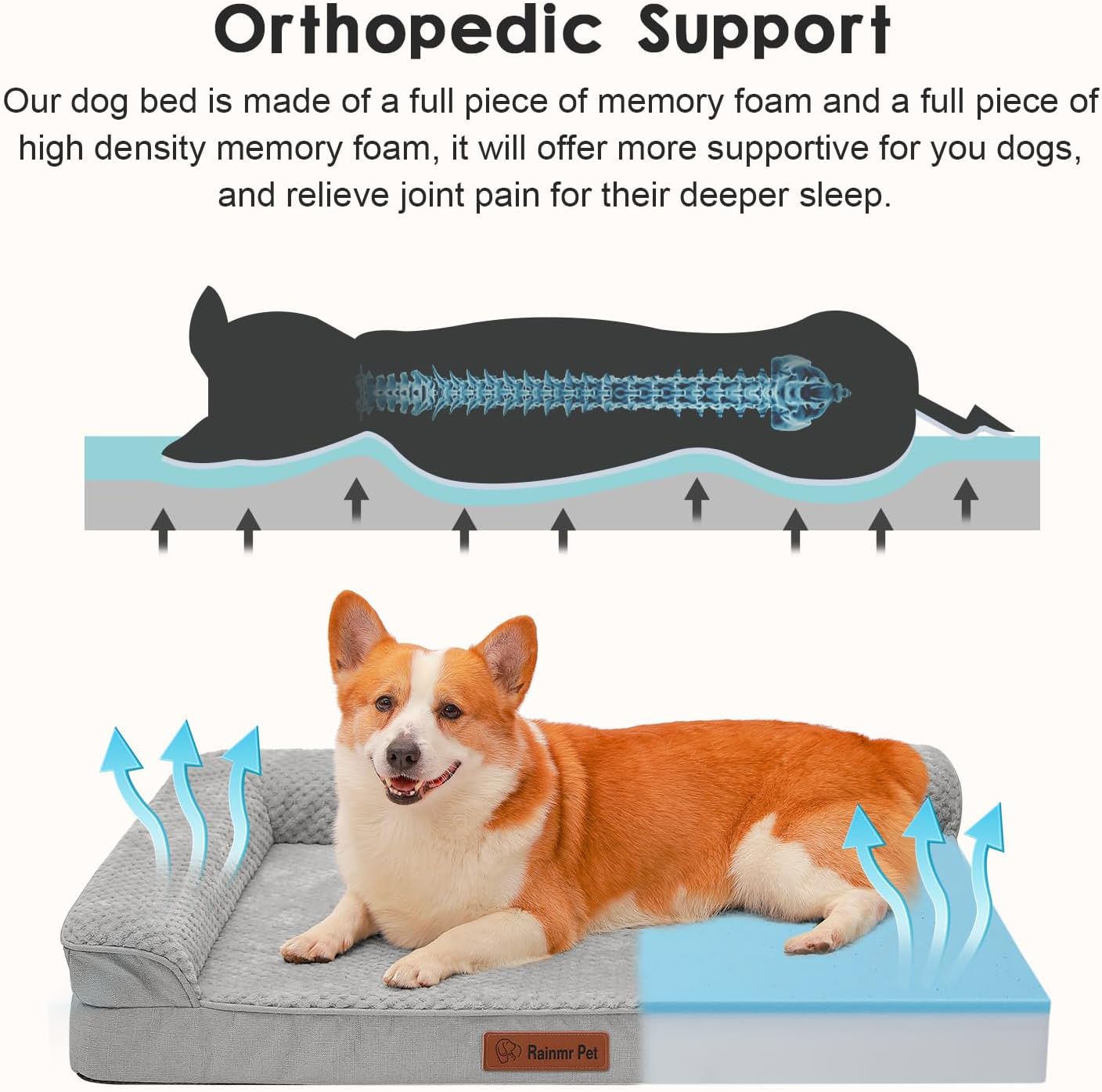 Orthopedic Dog Bed, 3 Inch Memory Foam Dog Beds for Large Dogs, Washable Removable Cover, Nonskid Bottom, Waterproof Pet Couch for Indoor, Outdoor or Car Use, 41x27 Inches XL Light Grey