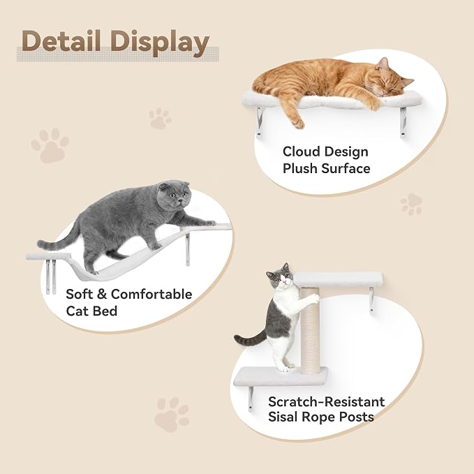 Meecal 6-in-1 Cat Wall Shelves, Wall Mounted Cat Furniture Set, Cat Shelves for Wall with Scratching Posts, Cat Bed & Bridge, Space Saving Cat Climbing Perch for Kittens, White