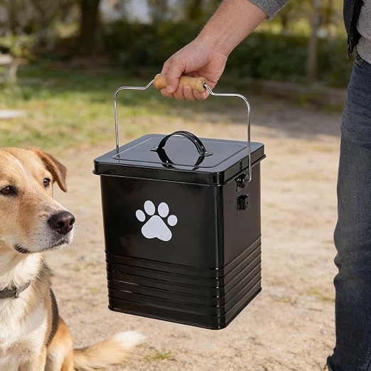 1.85Gal/7L Small Outdoor Trash Can with Lid, Metal Dog Poop Trash Can Outside, Dog Waste Container Bucket Handle(75 Trash Bags Included)-Black
