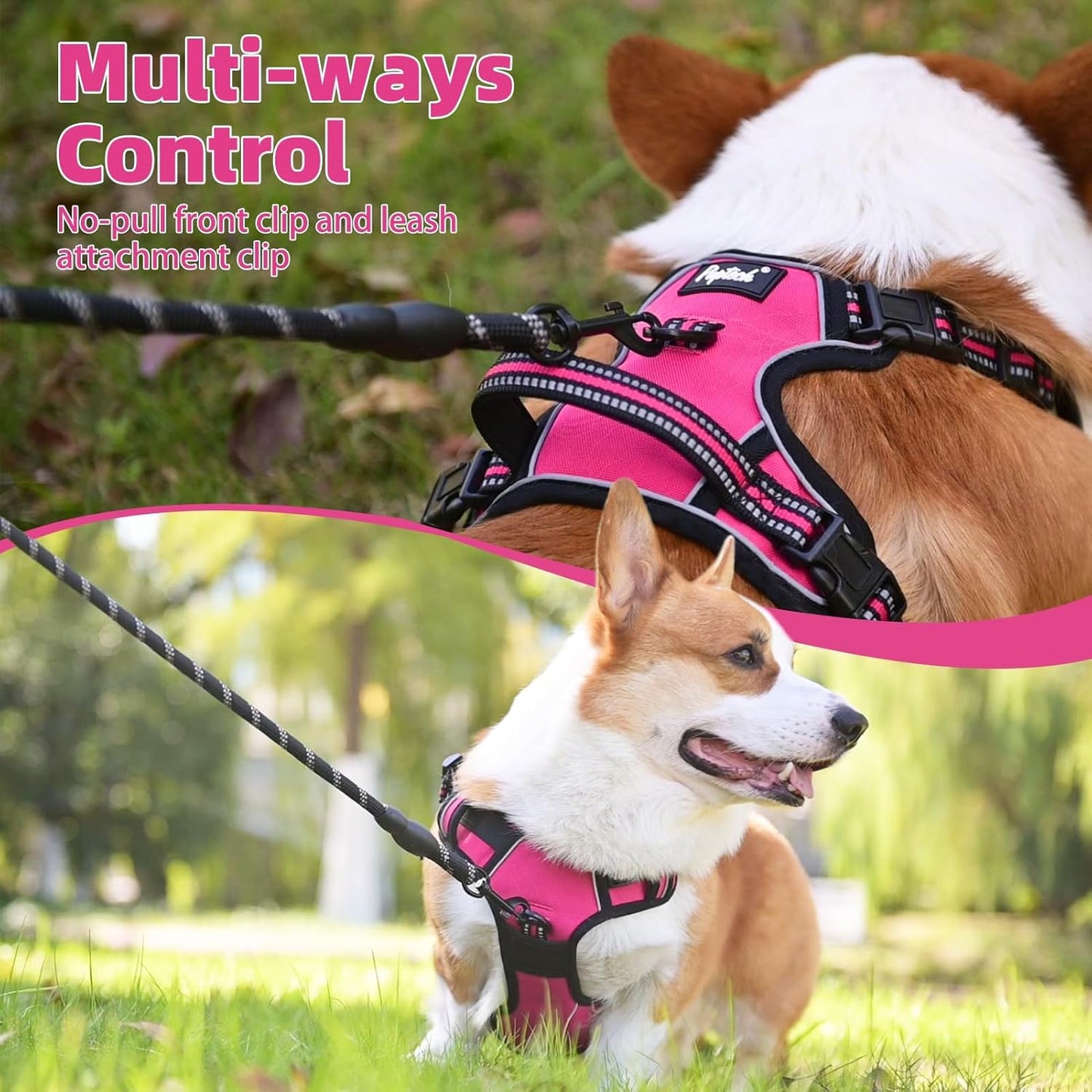 PUPTECK No Pull Dog Harness for Large, Adjustable Reflective Dog Harness with Handle Easy Control, Comfortable Soft Padded Pet Vest Harness for Extra Large Dogs, Fuschia XL