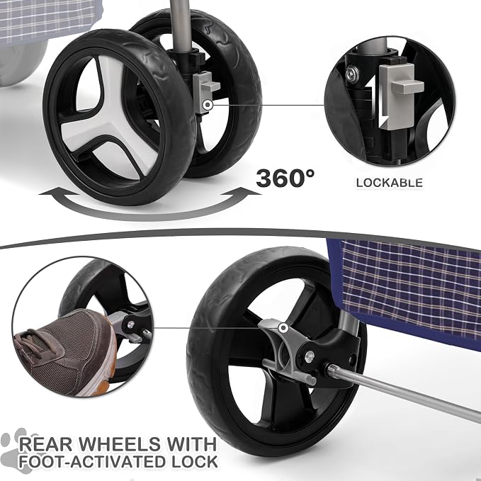MoNiBloom Pet Stroller for Small/Medium Dogs and Cats up to 33 lbs, Plaid | Foldable 3 Wheels Pet Strolling Cart w/ Storage Basket Weather Cover Cup Holder, Breathable and Visible Mesh for All-Season