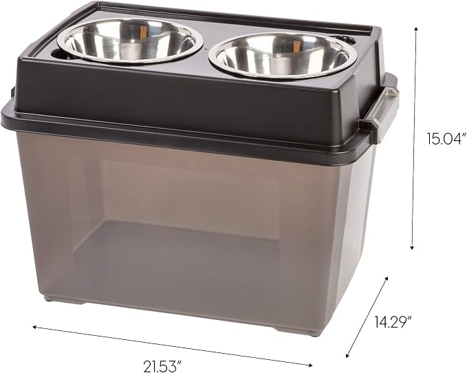 IRIS USA Elevated Dog Bowls 15" H, up to 47 lb Storage, Black, Made in USA | Comes with 2 Stainless Steel Bowls (64 oz), Elevated Feeder, Reduce Strain, Perfect for Camping & Outdoors
