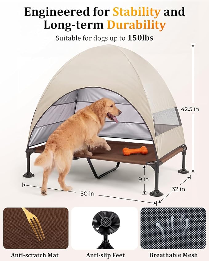 Elevated Outdoor Dog Bed with Canopy, Raised Dog Cot with Stable Adjustable Feet, Dog Camping Bed with Larger Shade, Lifted Dog Tent Bed with Canopy for Outside (Beige, X-Large)