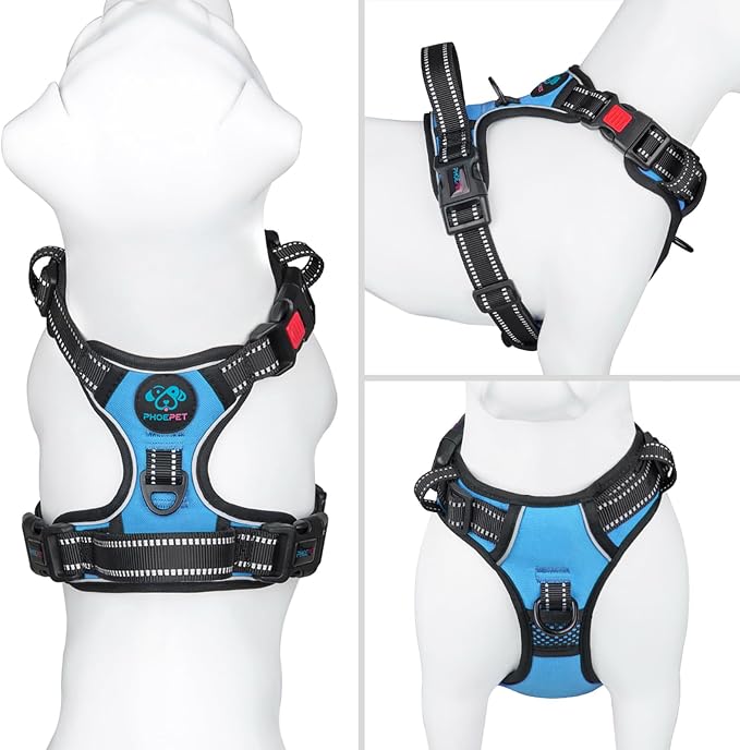 Reflective Dog Harness Large Breed Adjustable No Pull Vest | with Handle 2 Metal Rings 3 Buckles [Easy to Put on & Take off](XL, Blue)