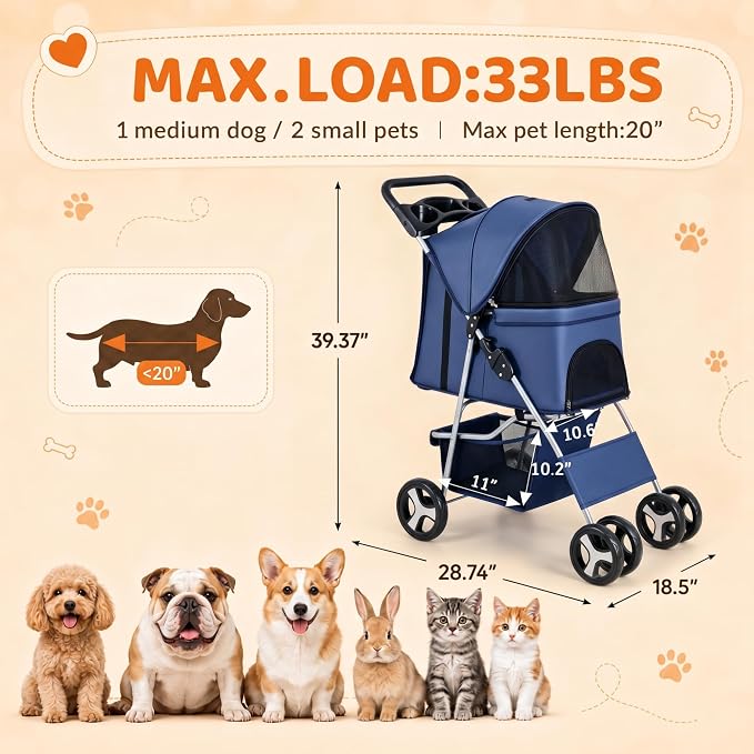 ZENY Foldable Pet Stroller, Cat/Dog Stroller with 4 Wheel, Pet Travel Carrier Strolling Cart with Storage Basket, Cup Holder (Navy Blue)