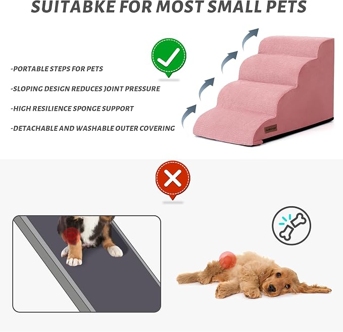 4-Step Dog Stairs for Bed or Couch, Pink Pet Ramp for Small Dogs, Cats | Aodisman Elegant Pink Dog Ramp Designed for Dogs and Cats, Ideal for Beds and Couches, Providing Comfortable Access, 17.7" H