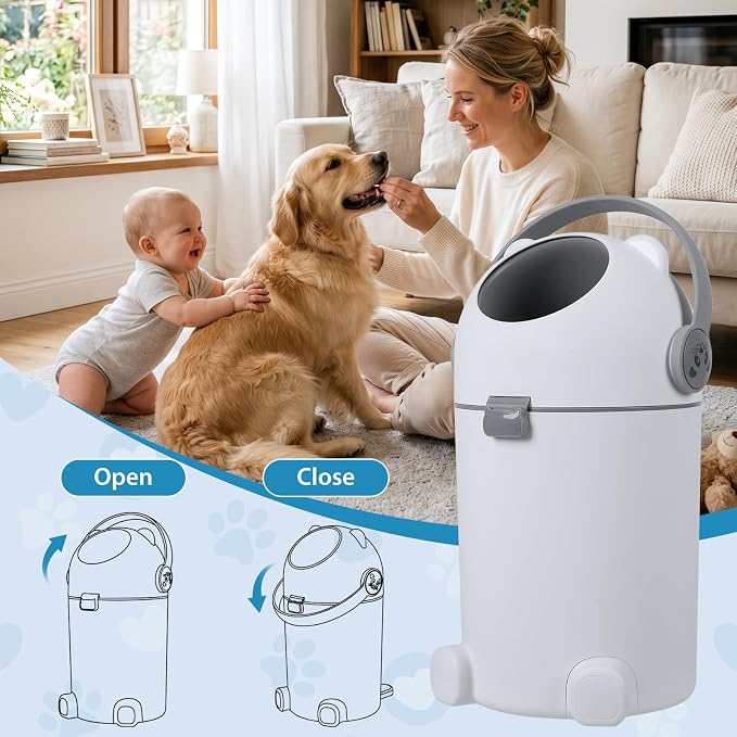 Indoor Outdoor Pet Waste Station, 15L Odor Locking Dog Poop Trash Can with Locking Lid, Portable Handle, Fits Any Bag, No Refill Dog Waste Pail, Cat Litter Disposal Bin, Baby Diaper Pail (Grey)