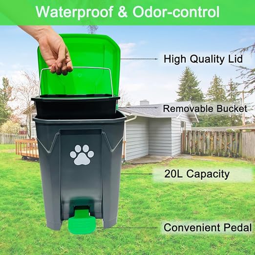 20L Dog Poop Trash Can Outside with Pooper Scooper & 50 Waste Bags- Outdoor Dog Poop Trash Can with Lid, Foot Pedal and Removable Inner Bin Waterproof and Odor Control