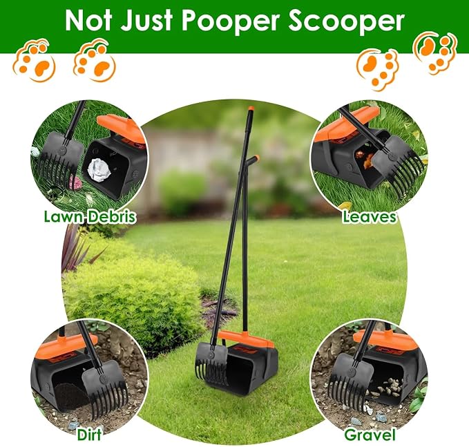 PUPIX Pooper Scooper Kit with Extra Long Handle Dog Poop Rake and Swiveling Bin Heavy Duty Pet Waste Pick Up Tool Includes 35 Waste Bags Dispenser No Bending Easy Yard Cleanup