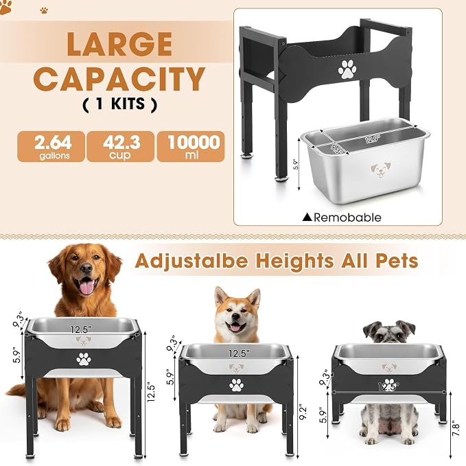 Mimorou 2.64 Gal Elevated Large Dog Water Bowl Raised Stainless Steel Bowl Stand Large Breed with Height Adjustable 7.8-12.5" Non-Slip Dog Feeding Station for Pressure Relief Indoor Outdoor(Black)