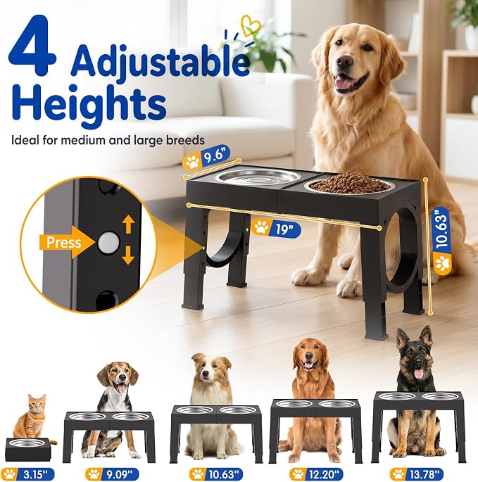 XIAZ Elevated Dog Bowls Large Breed Raised Dogs Bowl Stand Large/Medium Sized Dog Stainless Steel Food Water Bowl Stands 5 Heights Adjustable 9/11/12/14in Black Pet Feeder Dish Station