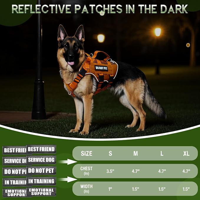 Tactical Molle Vest Mesh Dog Harness with 10 Removale Pet Patches | Breathable Service Dog harness with Double Soft Padded Handle for Large Dog, Reflective Military Pet Vest for Walk Hiking