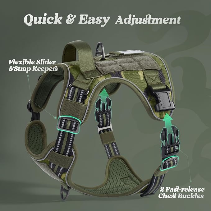 rabbitgoo Tactical Dog Harness for Large Dogs, No Pull Service Pet Vest | Military Molle System & Easy Control Handle, Adjustable and Reflective for Walking and Training, Green Camo, X-Large