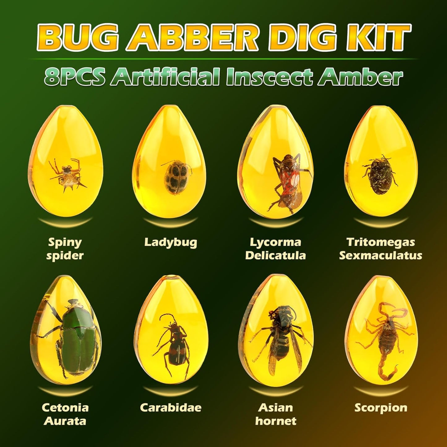 Amber Dig Kit - Insects in Resin, 8 Insects Specimens Excavation Kit, Gemstone Bugs for Kids, Fossil Bug Toys Dig Kits for Bugs Collection, Insect Toys for Boys Girls 6 and up Year Old Birthday Gifts