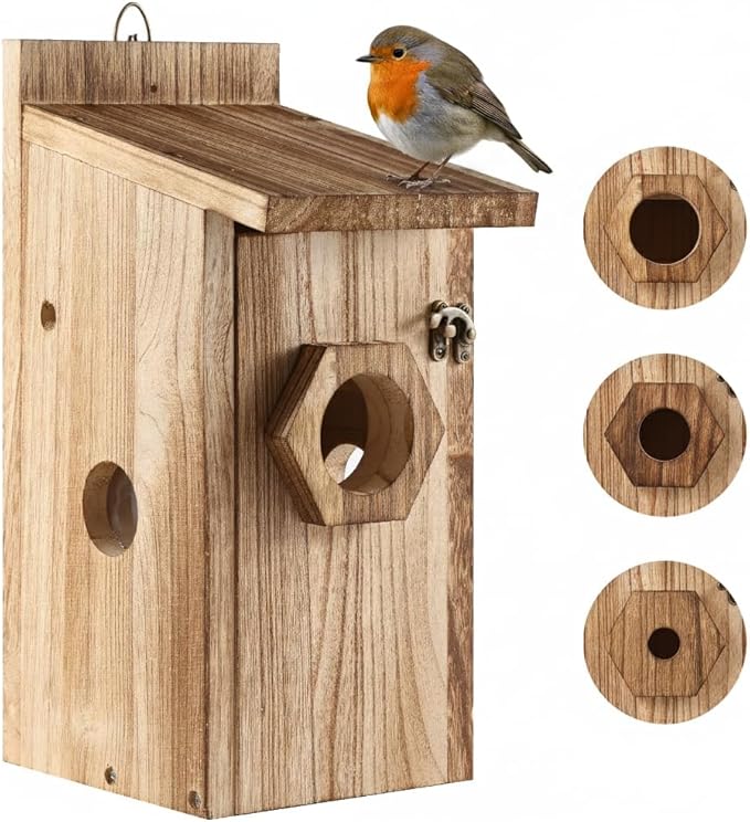 Bird House for Outside –Hanging Birdhouse for Bluebird Finch Swallow Wren Chickadee, Decorative Outdoor Bird Nesting Box with 3 Size Holes, Assembly Required (1)