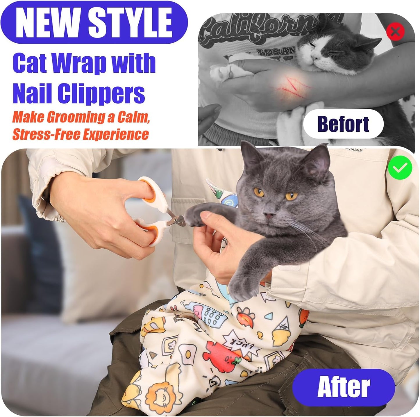XANGNIER Cat Wrap for Grooming,Cat Restraint Wrap for Cutting Nails,Fabric Burrito Wrap for Nail Clipping, Anti-Scratch, Anti-Escape,Multifunctional Swaddle Wrap Pet Tool (20.8 x 20.8 Inch)