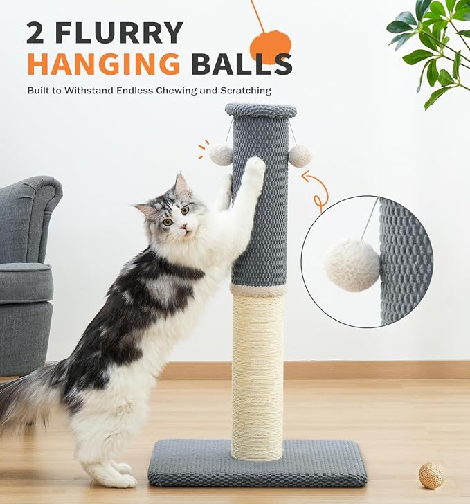 Made4Pets Cat Scratching Post with Sisal & Carpet for Indoor Cats, 23.6" | Cat Scratcher with Wide Stable Base, Interactive Hanging Toys, Ideal for Kittens, Small Cats and Everyday Indoor Play