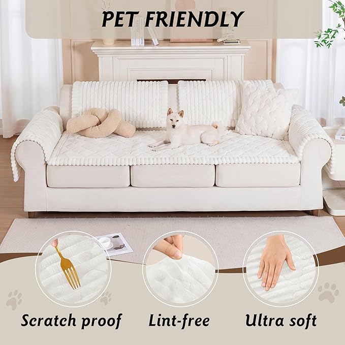 PuTian 100% Waterproof Fuzzy Couch Cover for Dogs White 27.6"x59" | Pet Friendly Dog Mat for Couch, Waterproof Sofa Protector, Scratch Resistant Furniture Cover for Dogs, Machine Washable