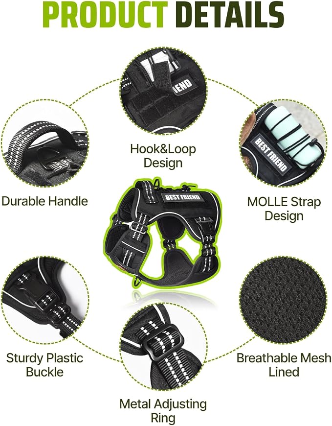Tactical Dog Harness No-Pull Military Vest for Medium & Large Dogs, Adjustable Reflective Escape-Proof Vest with MOLLE System, Handle Control for Training, Walking, Outdoor – Black
