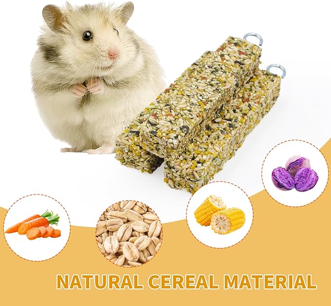 3 Pack Rabbit Chew Toys for Teeth, Cereal Stick with Metal Hook, Natural Chew Toys for Teeth, Chewing Stuff for Bunny, Hamster, Guinea Pig, Chinchilla, Rabbit, and Other Small Animals