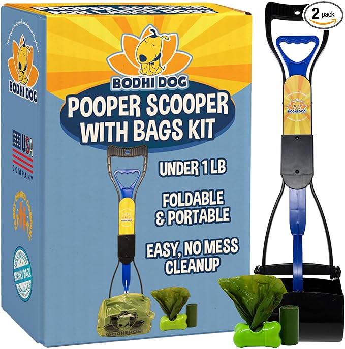 Bodhi Dog Complete Poo Pack- 24" Pooper Scooper, Poop Bags, & Waste Bag Holder, Ideal for Small to XL Pets - Durable, Easy-to-Use, Great for Grass, Gravel, & Outdoor Cleanups (Blue)